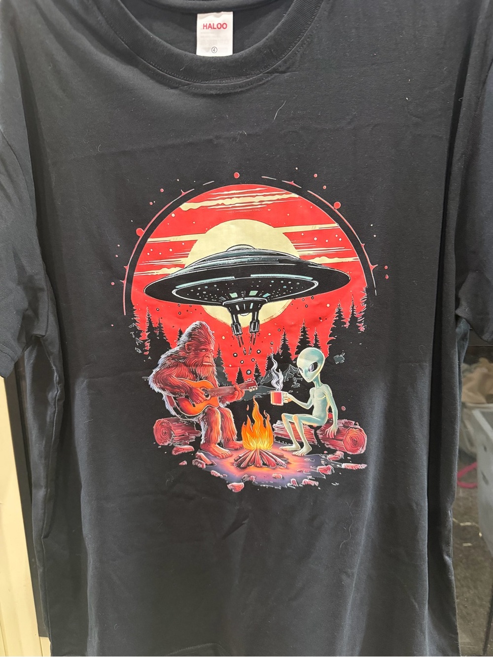 Halo Black Tee — Alien & Sasquatch Campfire Graphic
